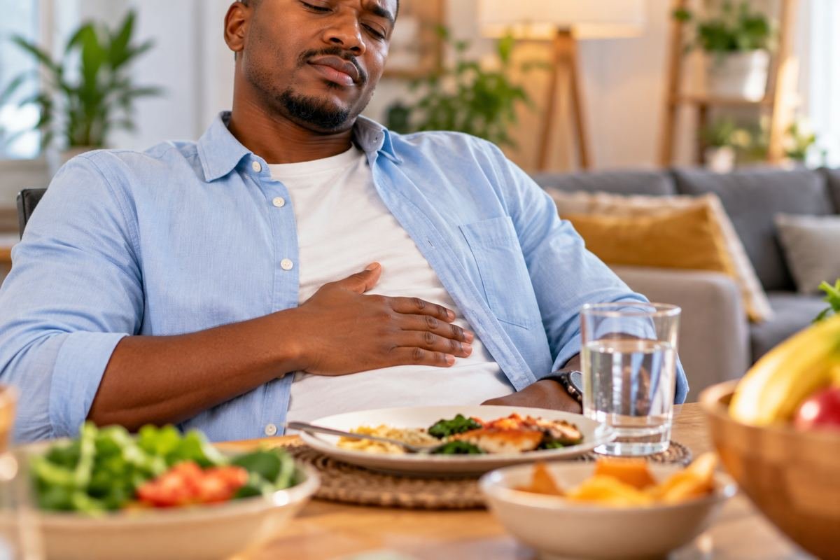 Homme assis à table, main sur la poitrine, gêne modérée après un repas