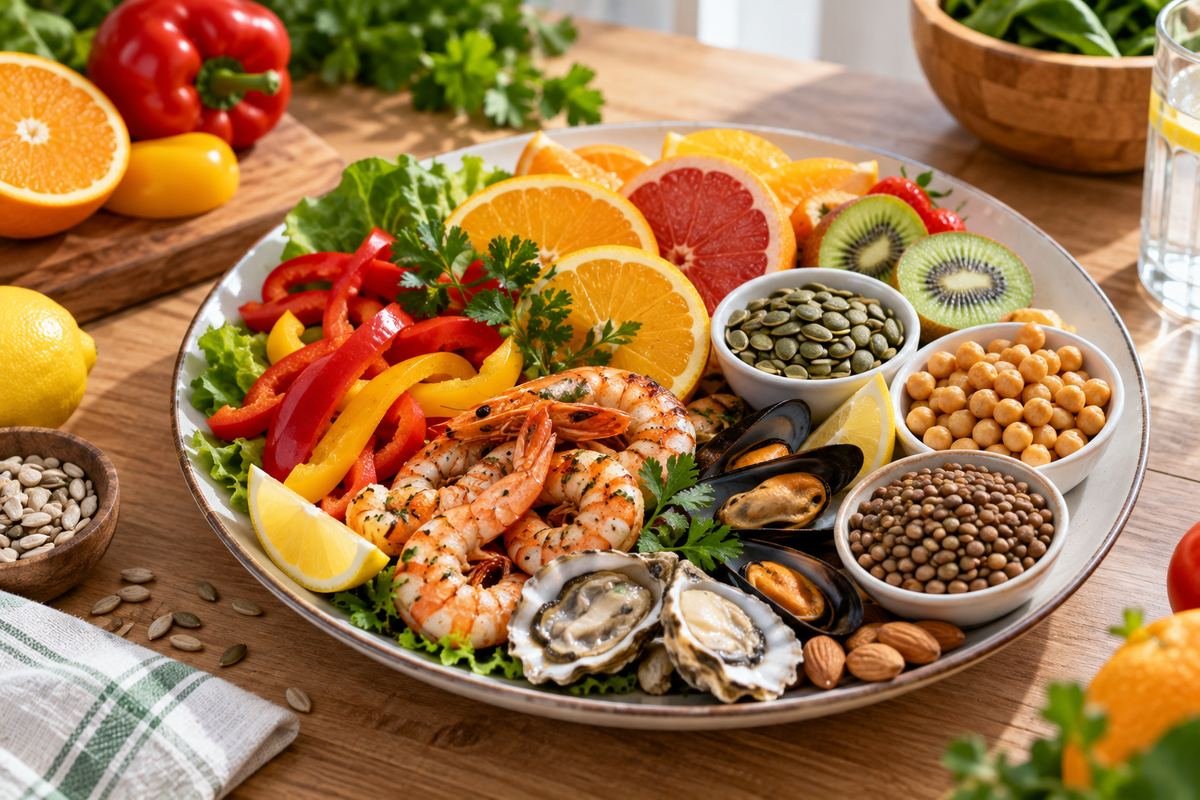 Assiette d'aliments riches en vitamine C et en zinc pour renforcer l'immunité
