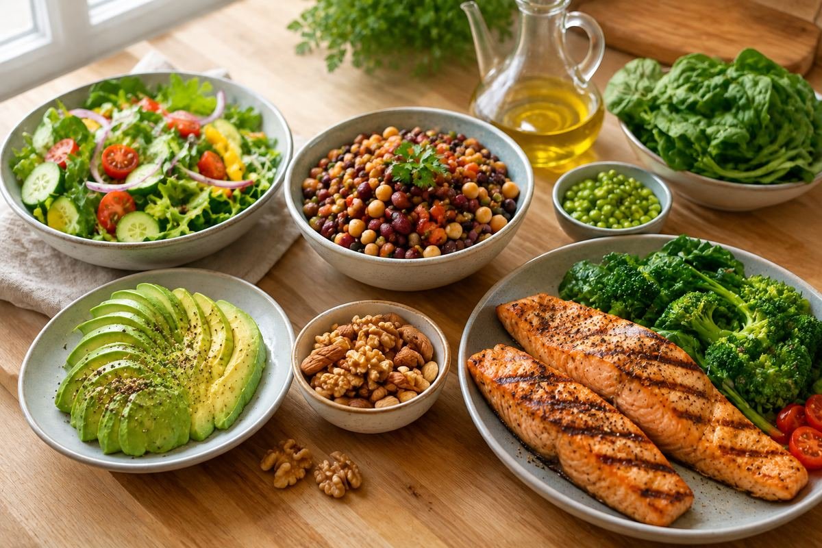 Aliments favorables au cholestérol disposés sur une table : salade fraîche, légumineuses, avocat, noix, huile d'olive et poisson grillé aux légumes verts