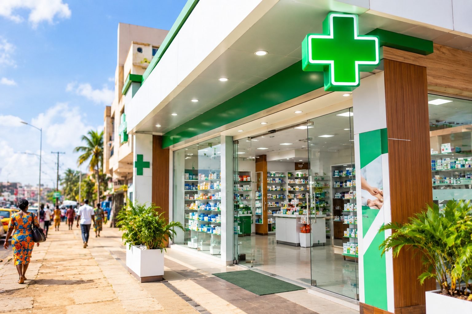 Devanture de la Pharmacie de l'Étoile, Boulevard des Armées, Cotonou