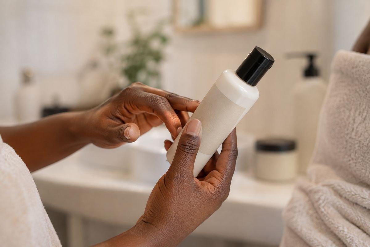 Personne lisant attentivement l'étiquette d'un flacon de cosmétique avant de l'utiliser