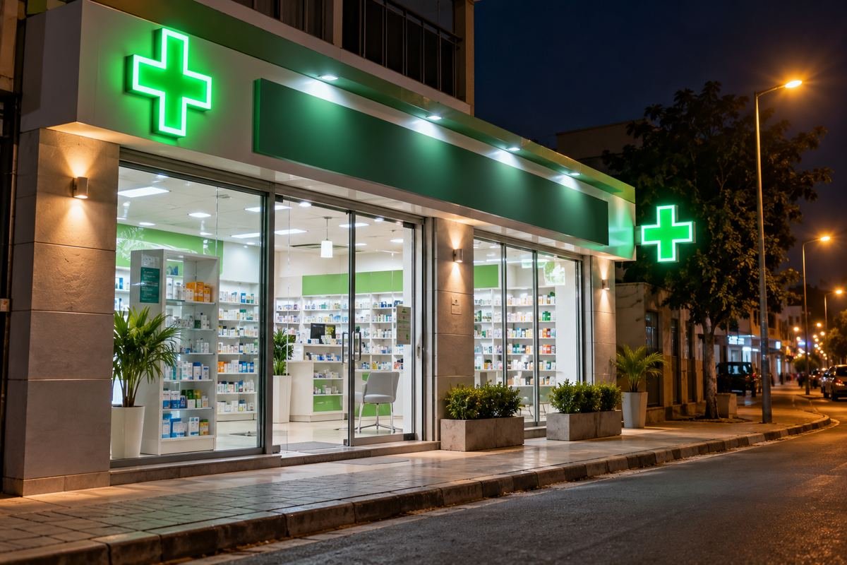 Devanture éclairée d'une pharmacie de garde à Cotonou pendant la nuit