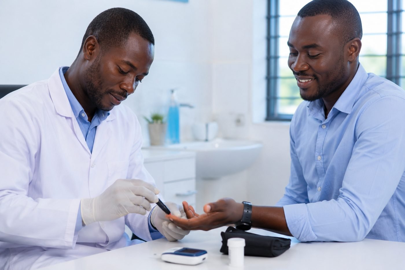 Professionnel de santé réalisant un test de glycémie au doigt d'un patient souriant