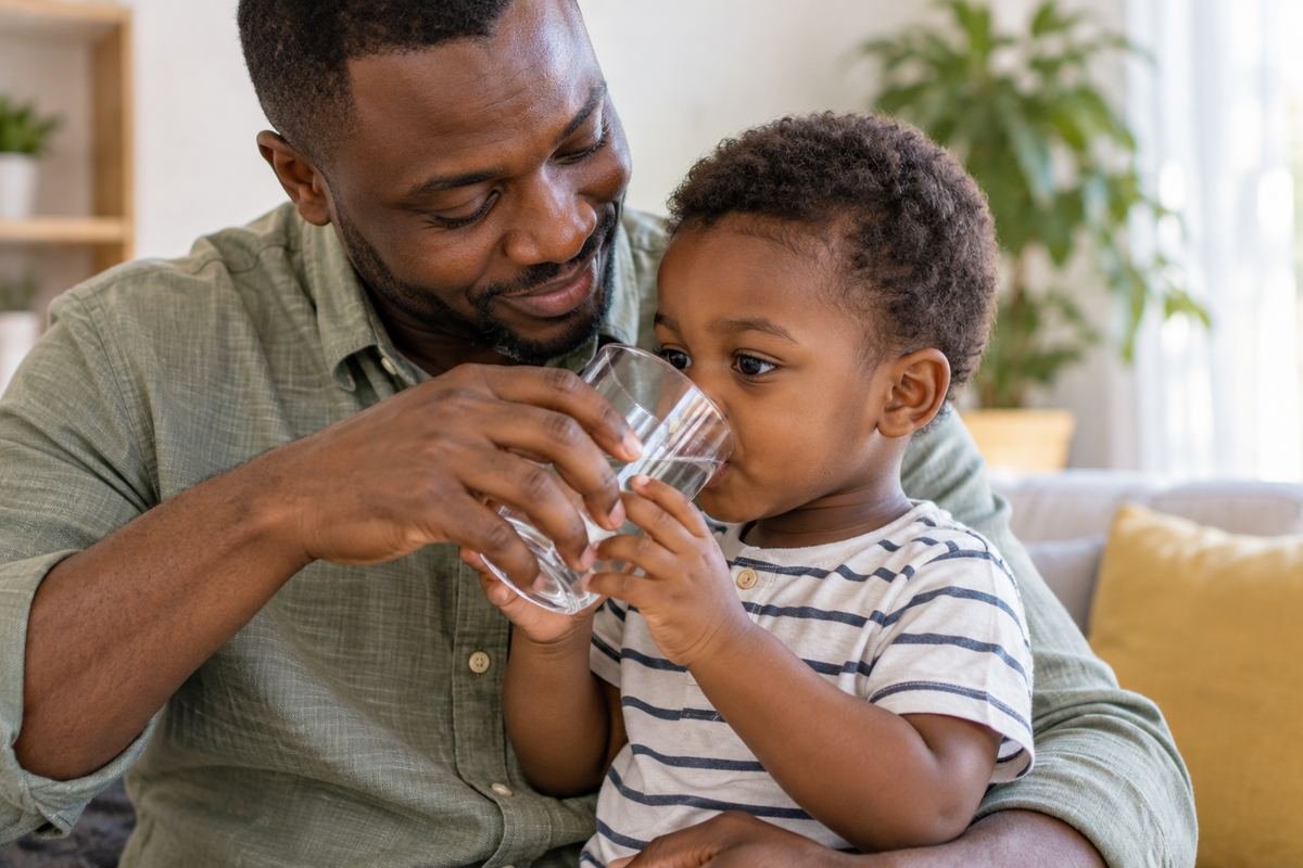 Père aidant son jeune enfant à boire un verre d'eau, un geste essentiel pour l'hydratation