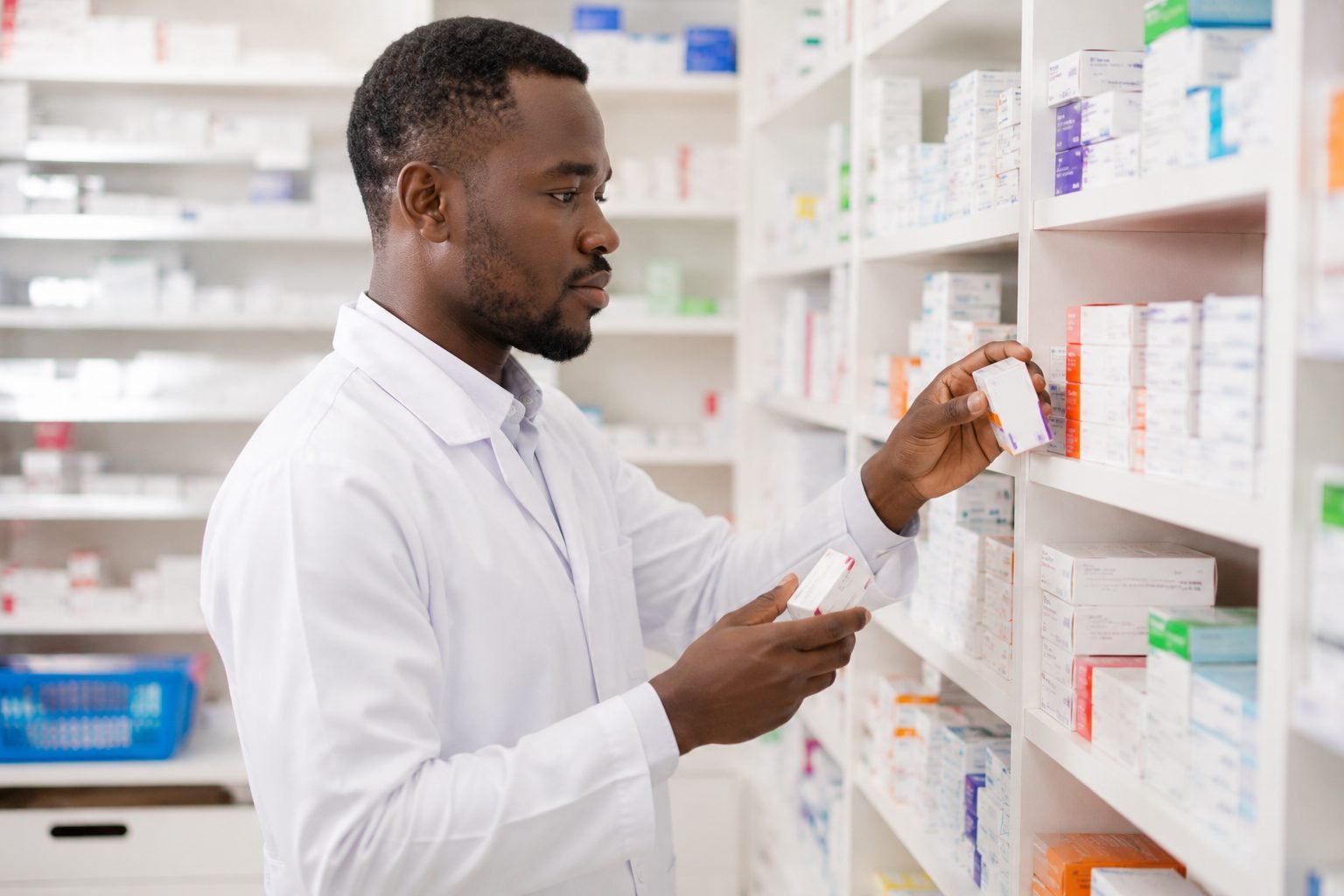 Préparateur en pharmacie vérifiant les stocks de médicaments à la Pharmacie de l'Étoile