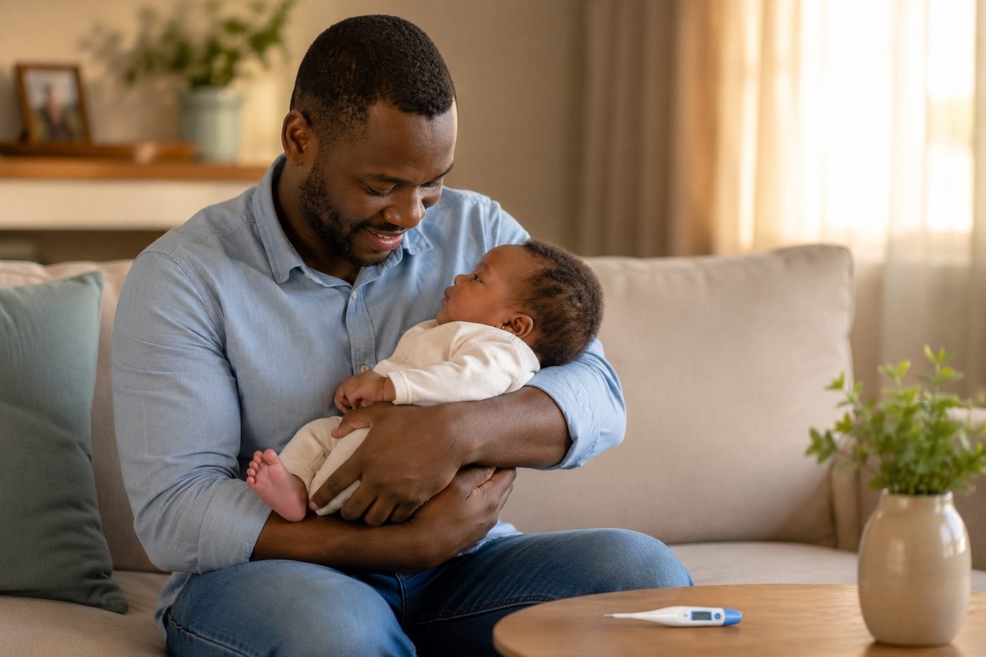 Parent tenant tendrement son bébé dans ses bras, thermomètre posé à proximité