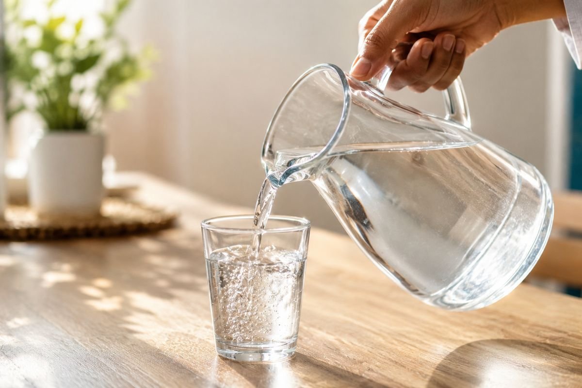 Main versant de l'eau depuis une carafe dans un verre, un geste simple de prévention contre la fièvre typhoïde
