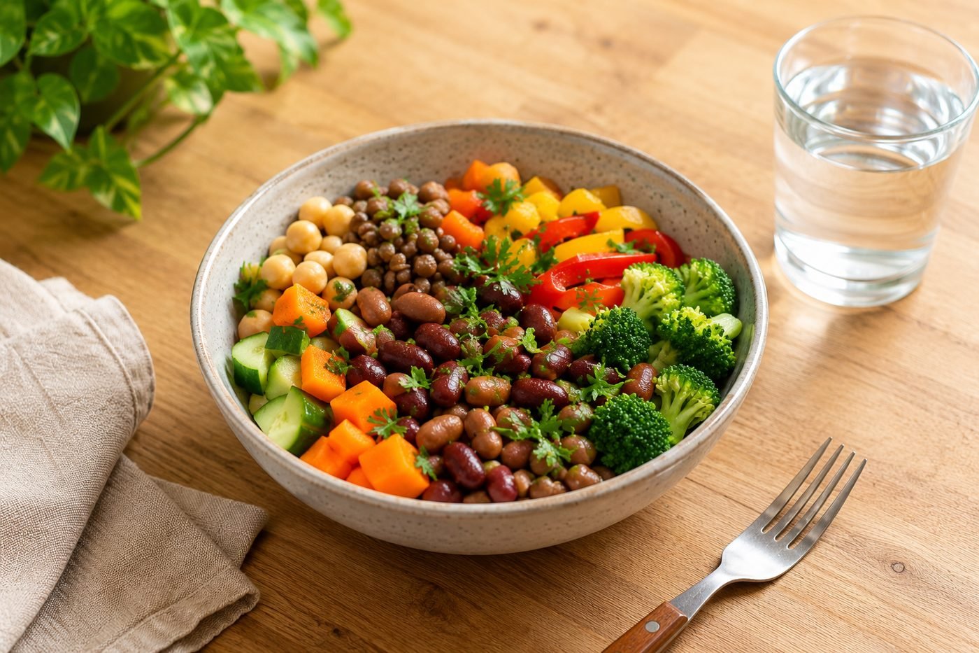 Bol de légumineuses et légumes frais, alimentation riche en fibres pour prévenir les hémorroïdes