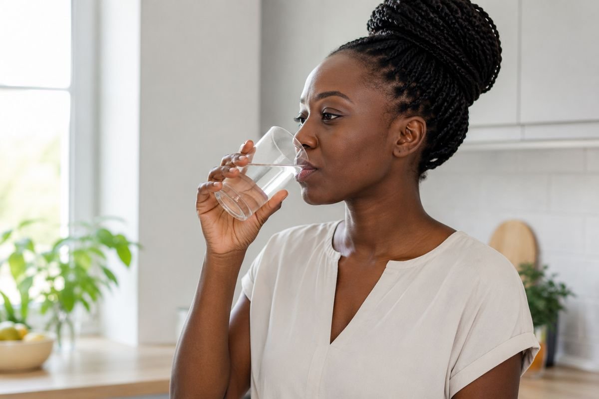 Femme buvant un verre d'eau dans sa cuisine, une hydratation régulière aidant à prévenir les infections urinaires