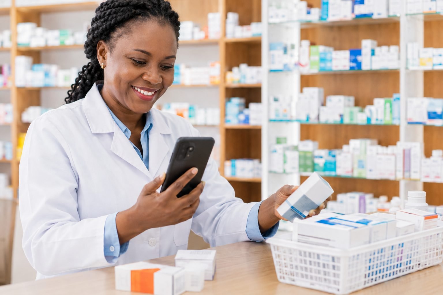 Pharmacienne vérifiant une ordonnance envoyée par WhatsApp avant préparation de la commande