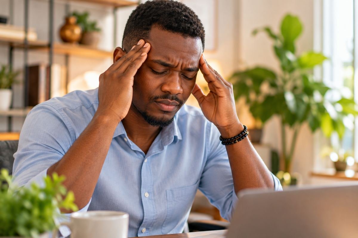 Homme se massant les tempes avec une expression de gêne modérée, devant un ordinateur portable