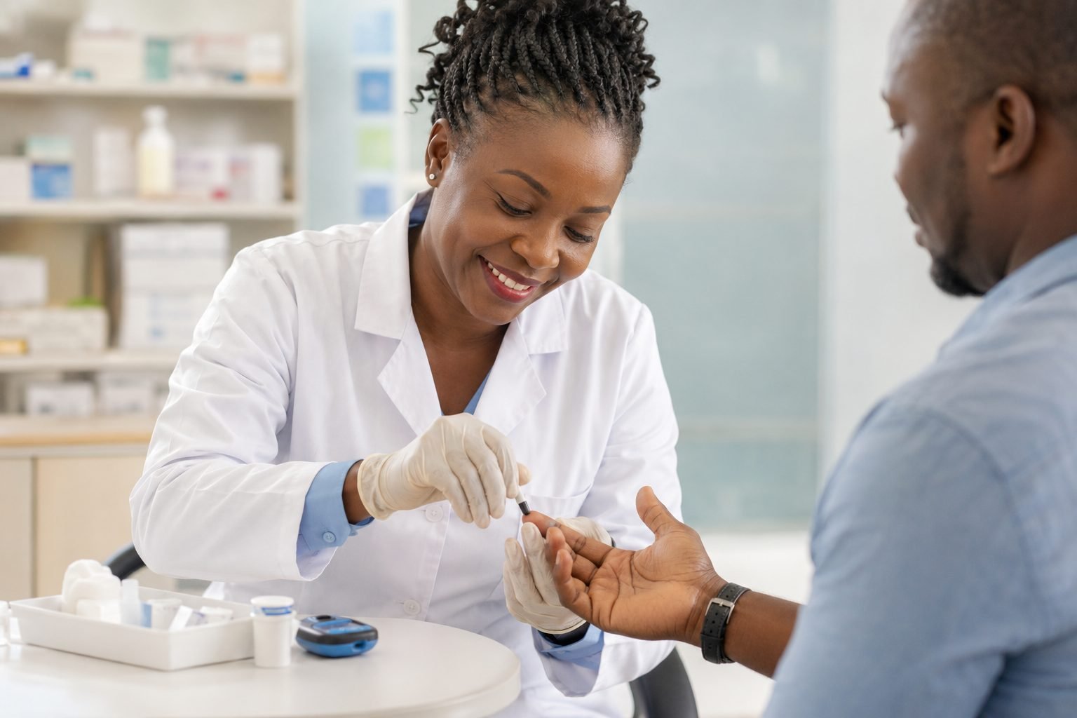 Pharmacienne réalisant un test de dépistage de la glycémie à la Pharmacie de l'Étoile