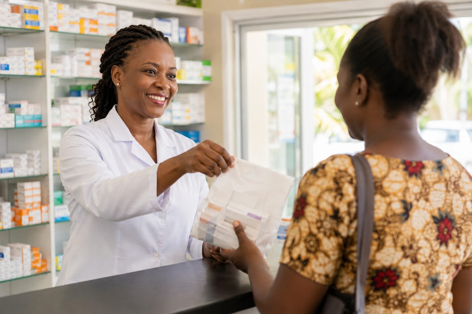 Pharmacienne remettant des médicaments à une cliente au comptoir de la Pharmacie de l'Étoile à Cotonou