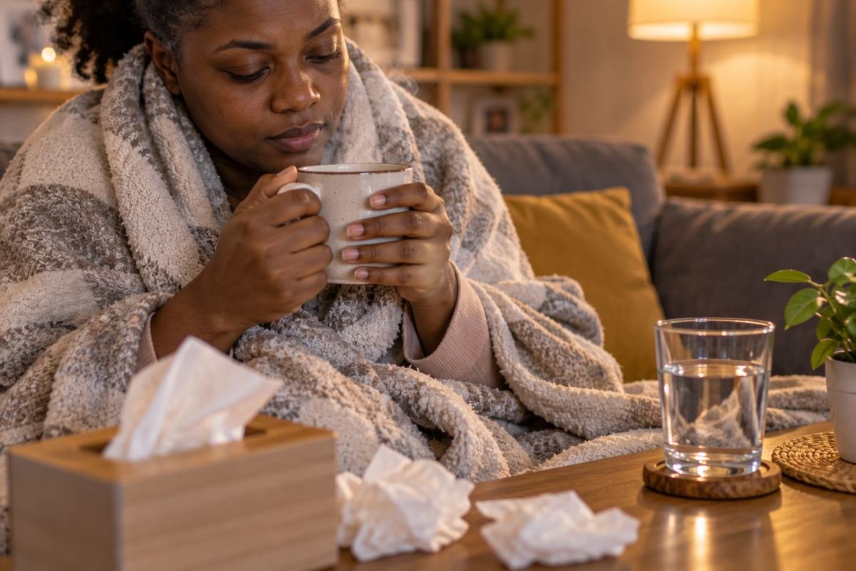 Femme enveloppée dans une couverture, tenant une tasse de boisson chaude, entourée de mouchoirs et d'un verre d'eau, se reposant chez elle