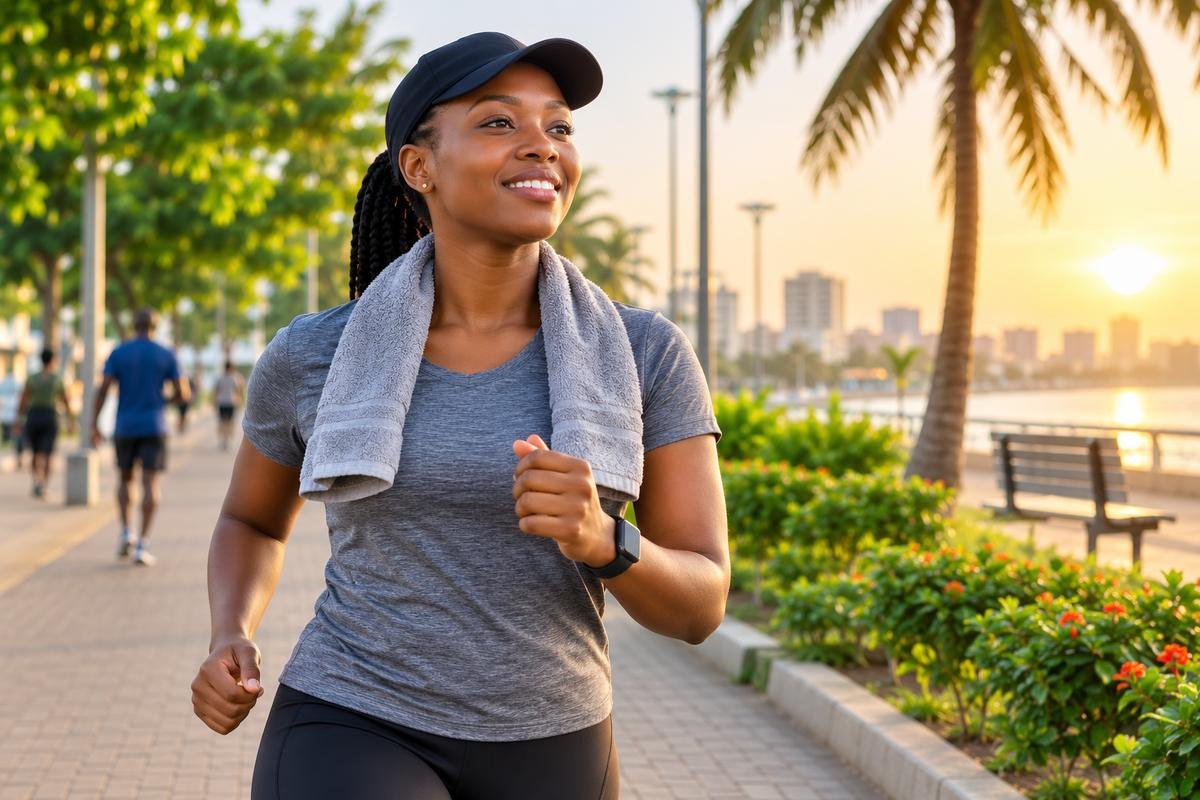 Femme souriante faisant son jogging en plein air au coucher du soleil, l'activité physique modérée contribuant à soutenir les défenses immunitaires