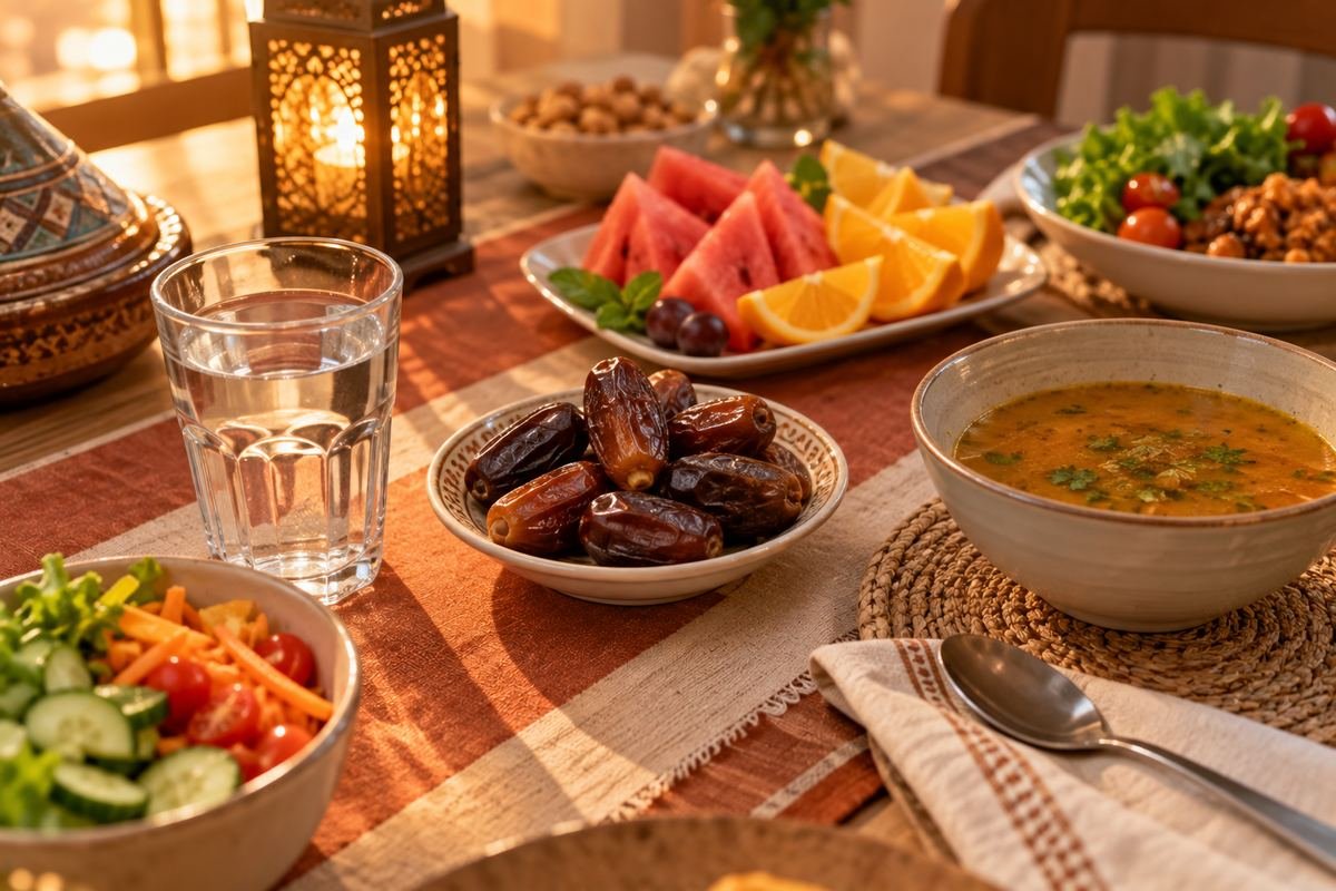 Table de rupture du jeûne (iftar) avec dattes, fruits, soupe et eau, disposée pour un repas équilibré